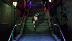 Vera Drew, dressed as “Joker the Harlequin,” a mashup of Joker and Harley Quinn, superimposed over the famous “Joker Stairs” from Todd Phillips’ Joker, in The People’s Joker