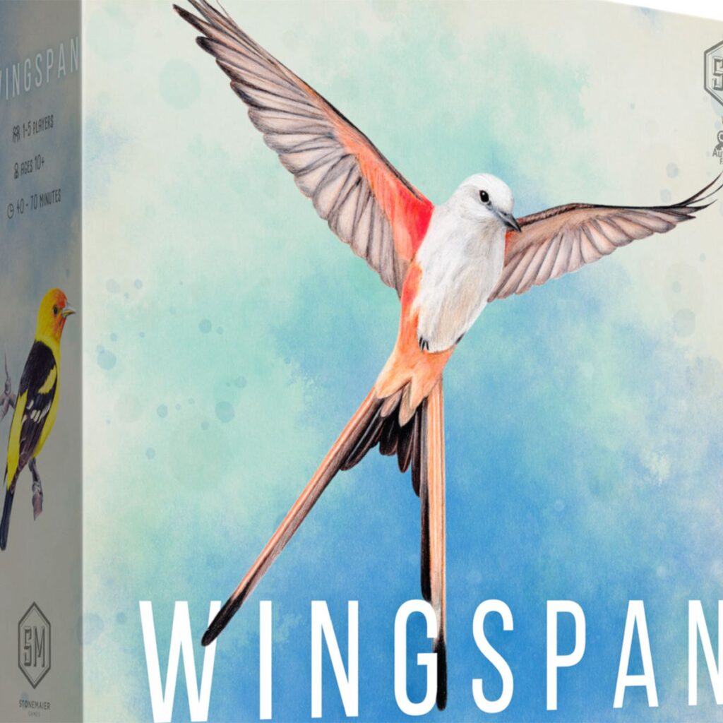 A white bird hovers against a blue background in the cover art for Wingspan.