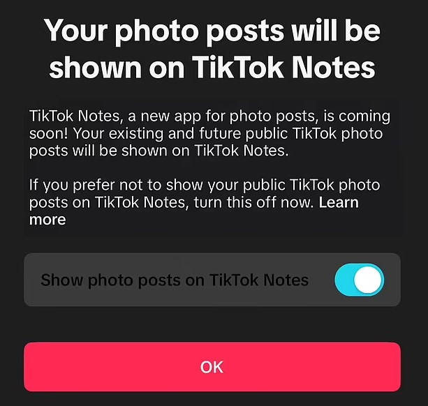 Users have reported seeing an alert seemingly confirming TikTok Notes