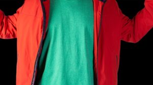 red and green jacket and t-shirt