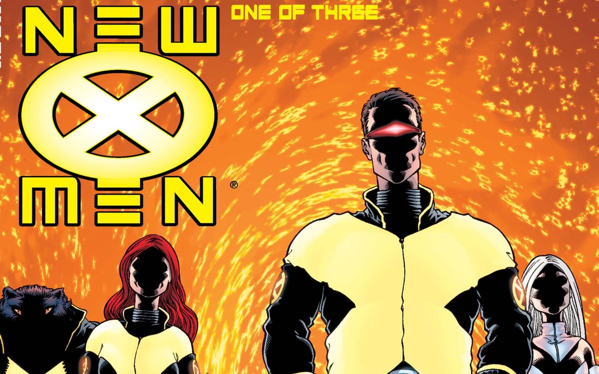 Ltr: Beast, Jean Grey, Cyclops, and Emma Frost on the cover of New X-Men #114, Marvel Comics (2001).