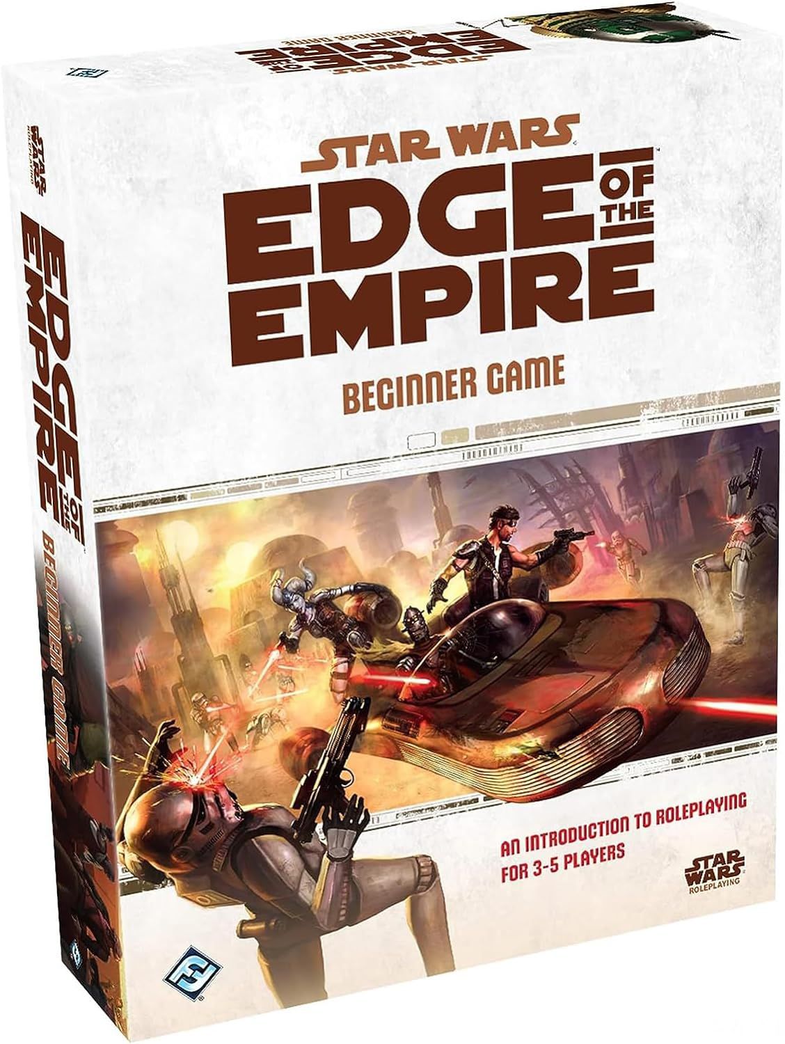 Cover art for Edge of the Empire shows some scoundrels in a speeder taking down stormtroopers on the move.