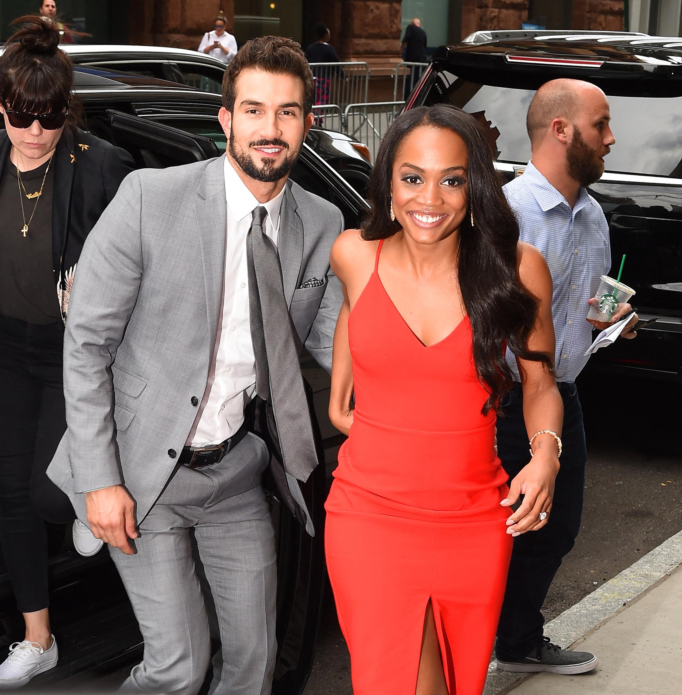 Rachel Lindsay and Bryan Abasolo at the aol build kiss and show off her engagement ring
