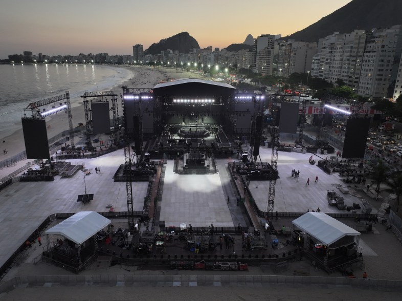 Madonna rehearses on stage at Copacabana beach in Rio de Janeiro, Brazil on May 2, 2024.