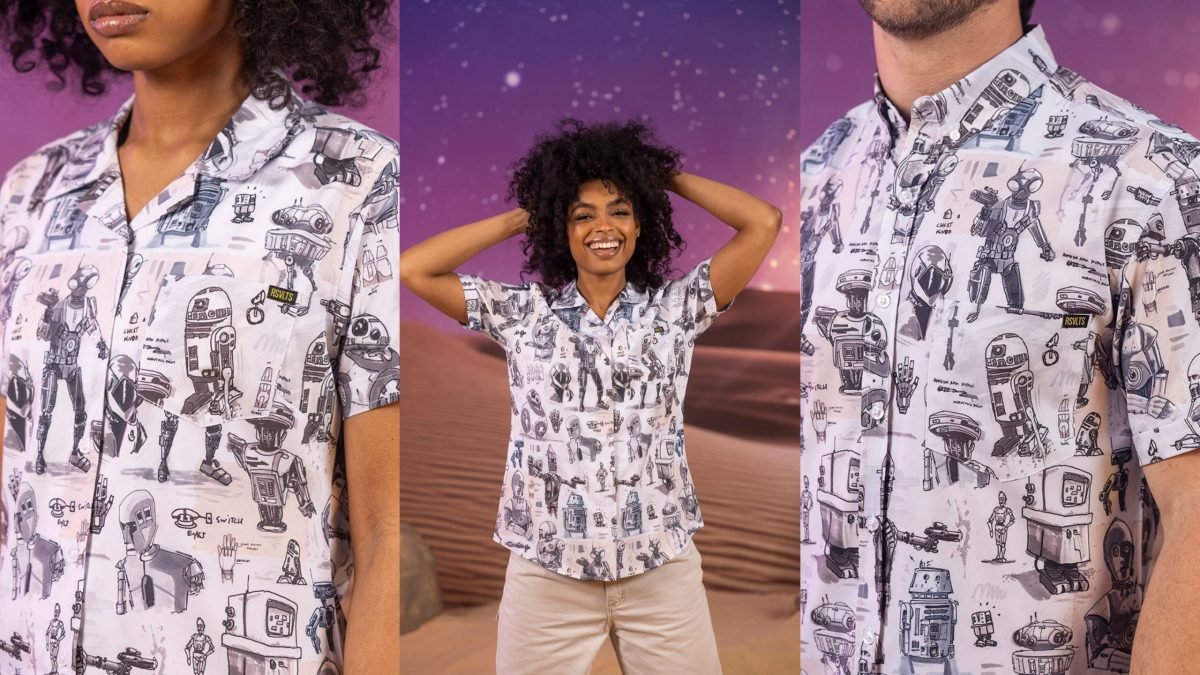 RSVLTS button up shirts with sketches of Star Wars droids. 