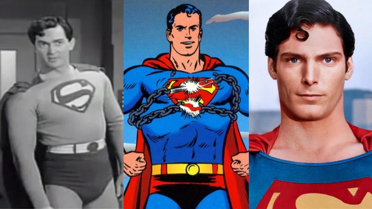 Kirk Alyn as Superman in the 1940s (L) Curt Swan's Superman from the Silver Age comics (Center) and Christopher Reeve as Superman in 1978 (R)