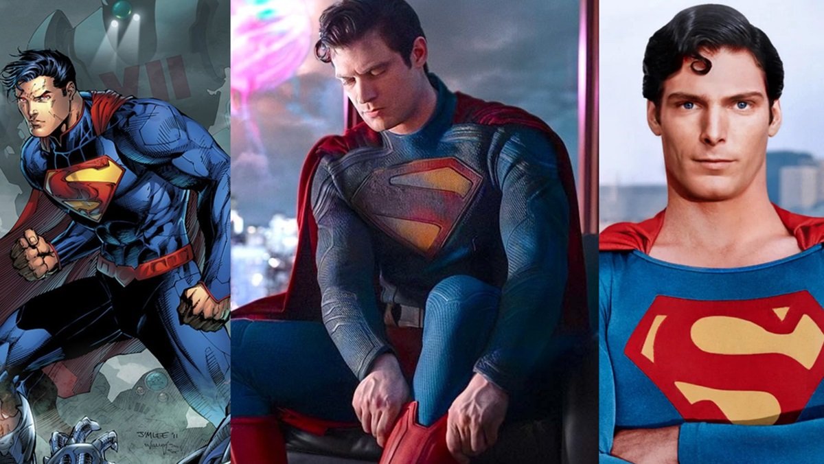 Superman's New 52 costume (L) David Corenswet's new suit (Center) and Christopher Reeves' classic outfit (R)