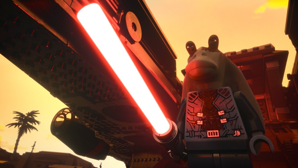 A LEGO Jar Jar Binks becomes Darth Jar Jar holding a red LEGO lightsaber in the Star Wars LEGO Special Rebuild the Galaxy