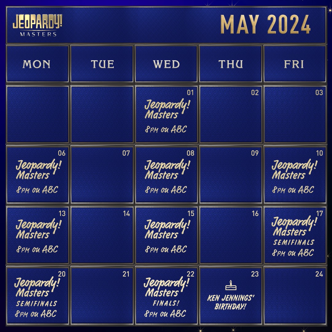 The schedule for Jeopardy! Masters across May