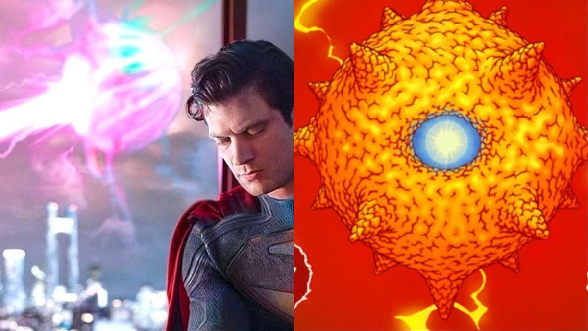 David Corenswet as Superman (L) and Solaris the Tyrant Sun from DC Comics (R)
