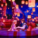 Rapunzel and Flynn animatronics in a boat as part of Tokyo DisneySea's Tangled ride, Rapunzel's Lantern Festival