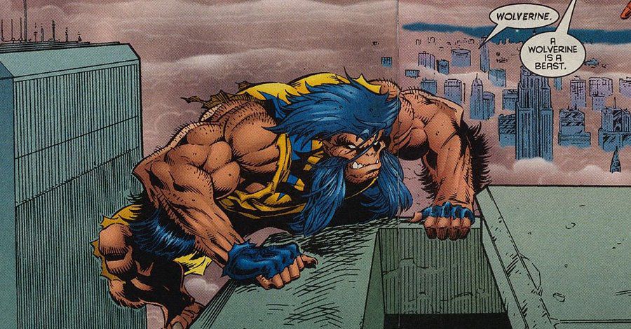 Wolverine crouches on all fours on the roof of a building, looking quite different than usual. His costume is torn, exposing his arms from the shoulder and his legs from the knees. He’s got no boots, fingerless gloves, and his face and hair are more bestial than human — his nose flat and ape-like, his lower canine teeth jutting over his top lip like tusks. 