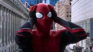Spider-Man with his hands on his head in Far From Home