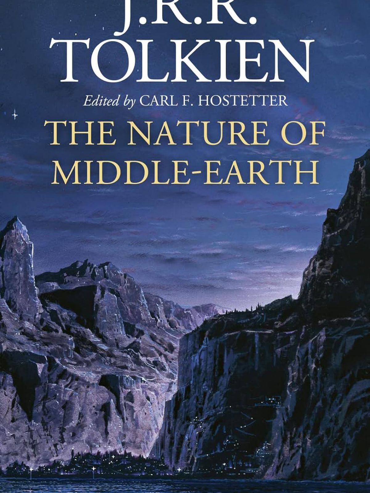 The cover of The Nature of Middle-earth by J.R.R. Tolkein, which shows a river with mountains on either side.