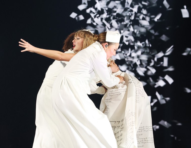 Taylor Swift performs onstage during The Eras Tour in Paris, France.