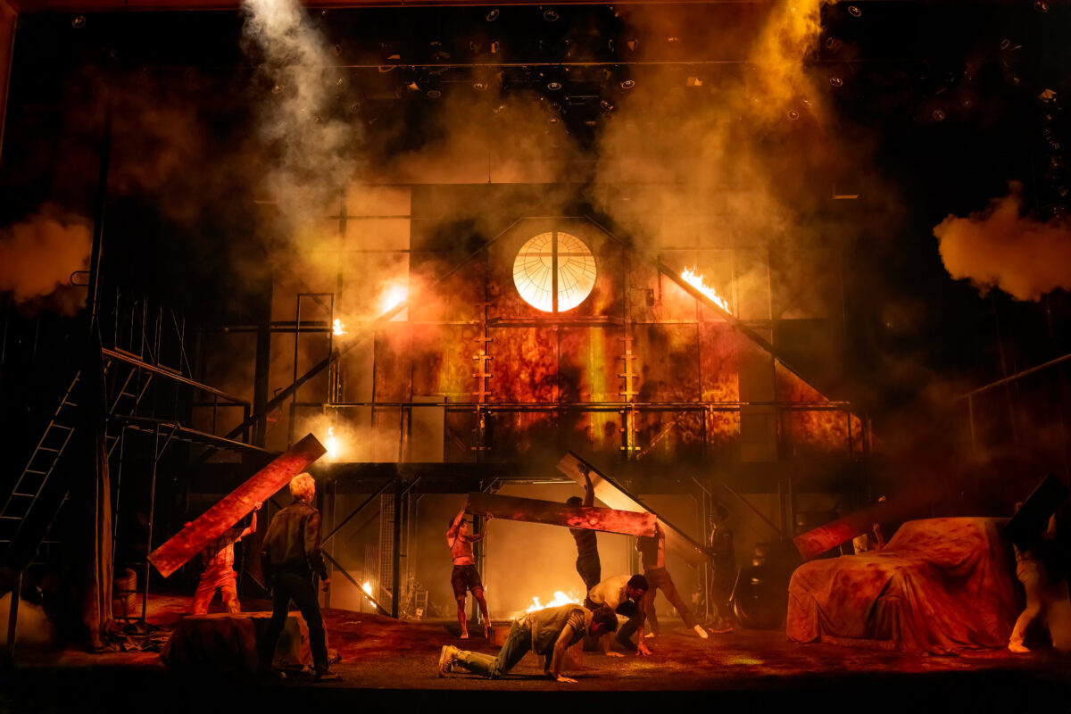 The church fire scene in 'The Outsiders' musical on Broadway