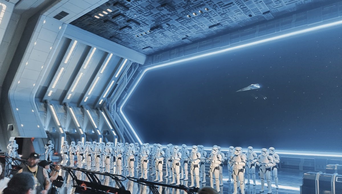 A giant room of stormtroopers inside Galaxy's Edge's Star Wars: Rise of the Resistance