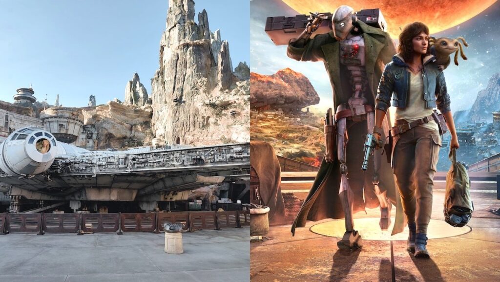 The Millennium Falcon at Galaxy's Edge split with the character poster for Star Wars Outlaws