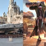 The Millennium Falcon at Galaxy's Edge split with the character poster for Star Wars Outlaws