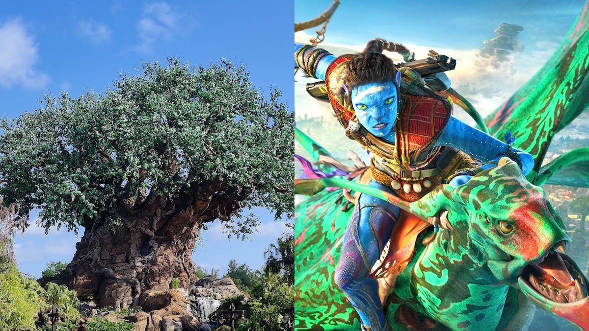 Animal Kingdom's Tree of Life split with a promo of a Na'vi on a banshee from Avatar: Frontiers of Pandora