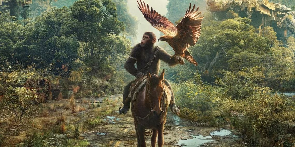 A detail from a theatrical poster for Kingdom of the Planet of the Apes shows the chimpanzee Noa on horseback, with a golden eagle with open wings alighted on his arm. Spoiler!