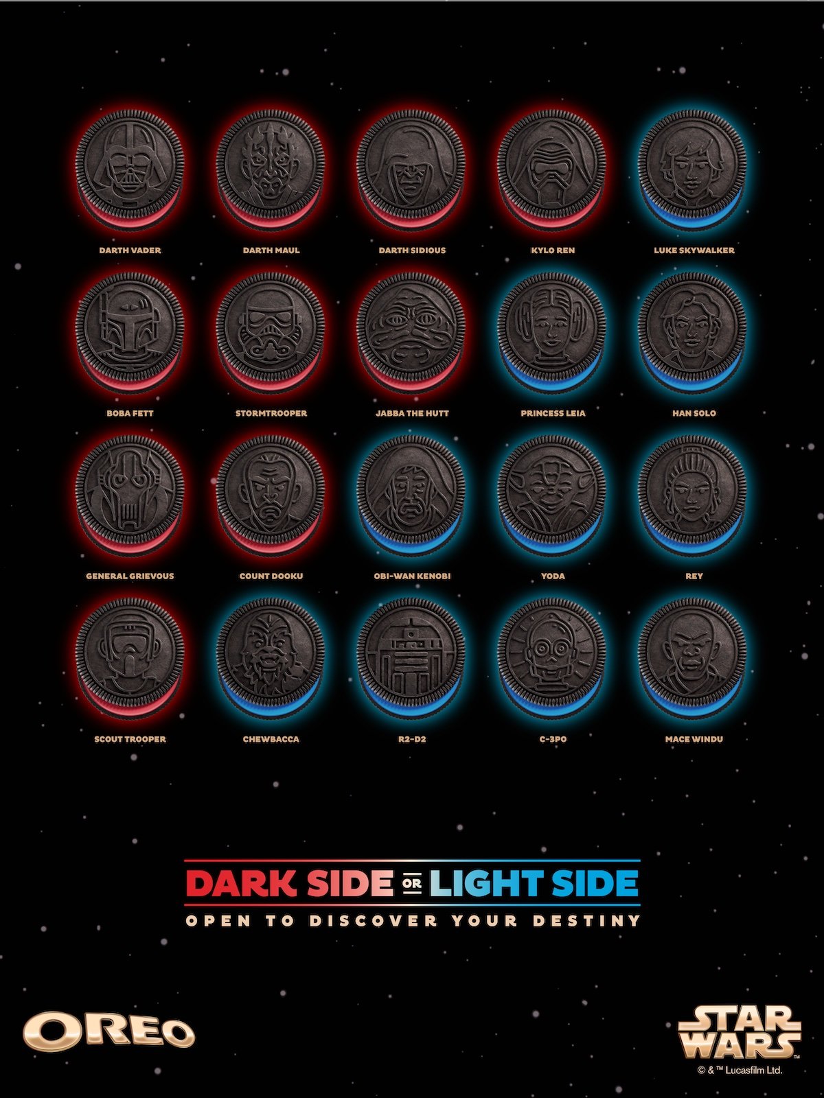 20 Star Wars Oreo character designs, half with red creme half with blue