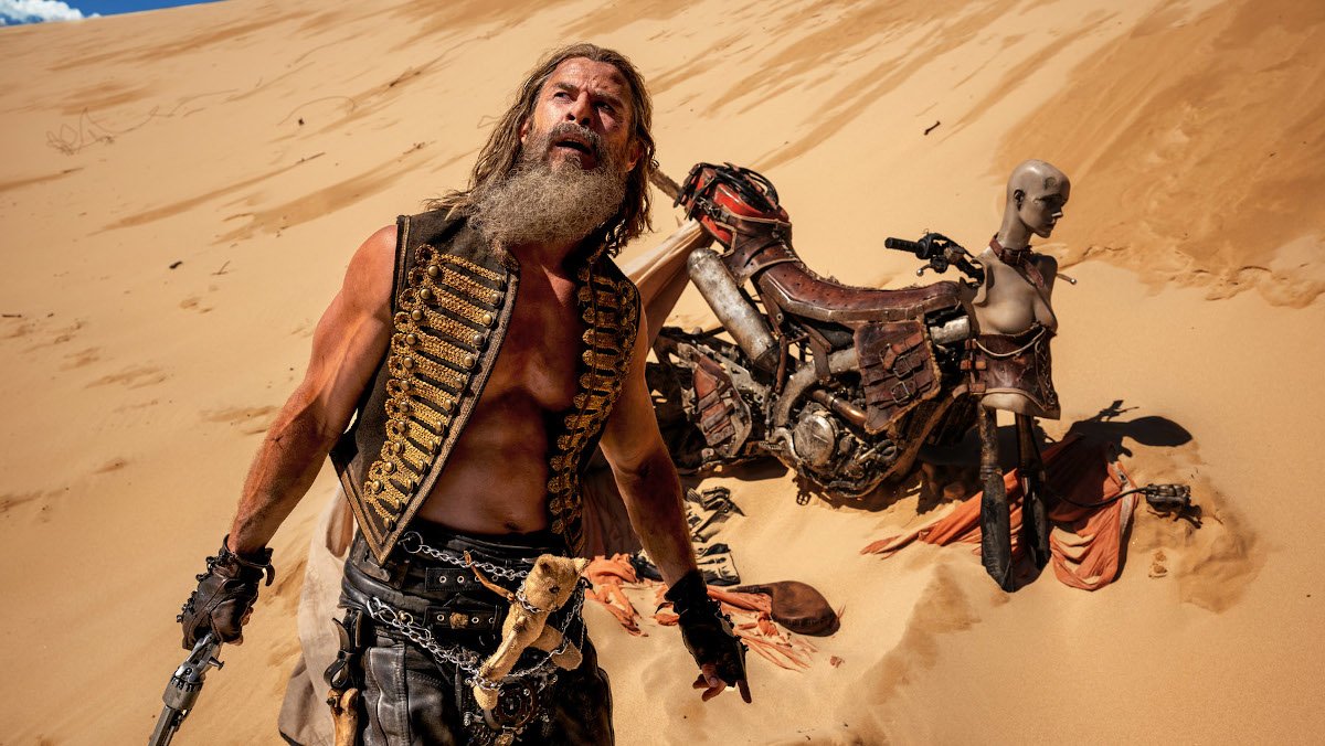 Chris Hemsworth's Dementus on a sandy dune in Furiosa