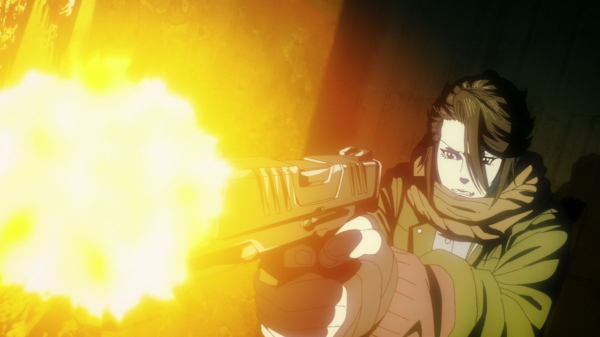An unnamed female soldier in an army jacket and scarf fires a handgun in a still from the Terminator: Zero anime