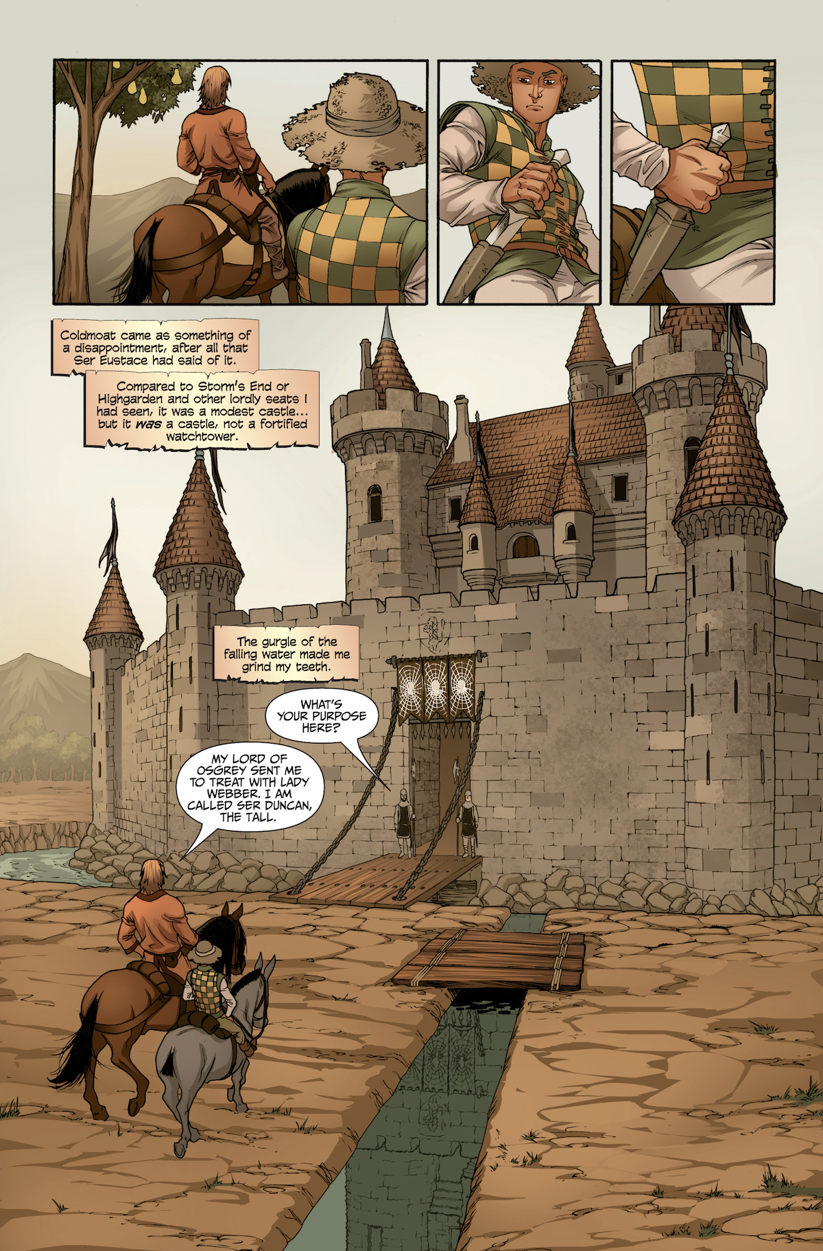 A panel from The Sworn Sword showing Dunk and Egg talking in front of a castle