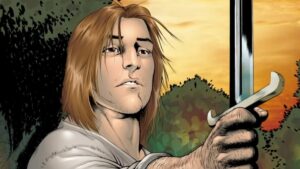 Duncan the Tall holds up a sword in The Hedge Knight graphic novel