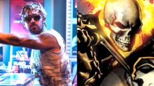 Ryan Gosling in a bulletproof vest and sunglasses with his hand on a wall in The Fall Guy split with an image of the flaming skeleton head of Ghost Rider riding a motorcyle