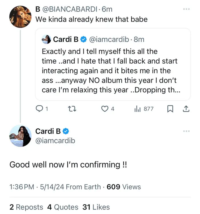 Cardi said she won't be releasing a new album in 2024