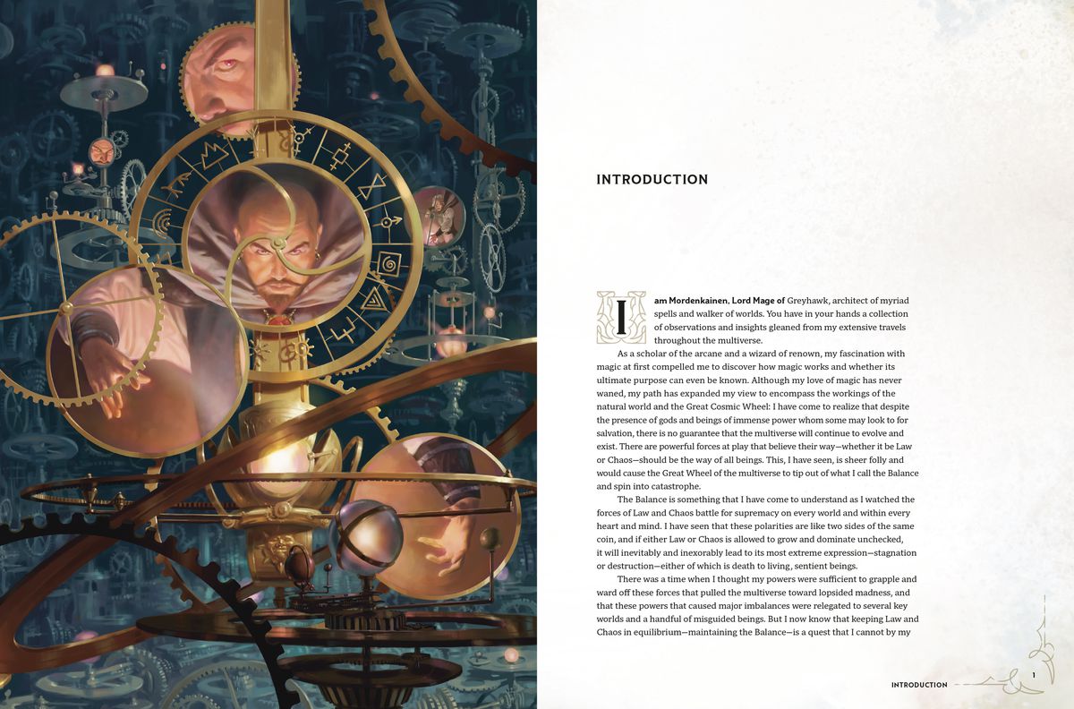 The first spread of the introduction section in Worlds & Realms. The left page shows the mage Mordenkainen staring ahead on a layered teal background with gears and circles in the foreground. The right page is white with the black text of the book’s introduction.