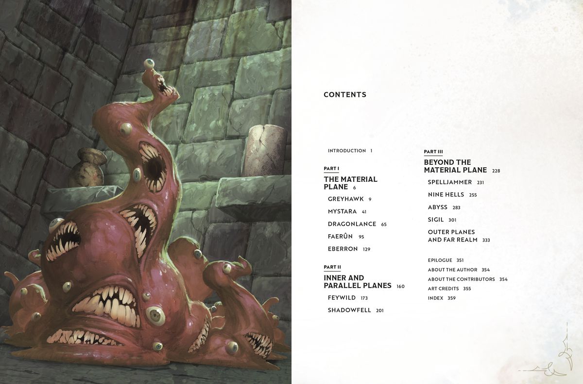 The table of contents spread from the Worlds & Realms book. The left page shows a gibbering in a stone room and the right is a white page listing the book’s contents.