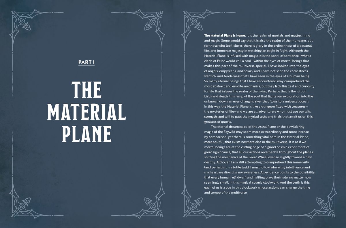 The first spread of the Material Plane section of the Worlds & Realms book. The left page says “Part 1 The Material Plane” while the right is a block of text from Mordenkainen’s narration.