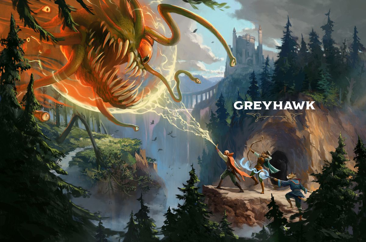A two-page spread from the Worlds & Realms book showing magic users standing on a cliffside attacking a giant beast. On the right-hand page, the section title “GREYHAWK” is printed.