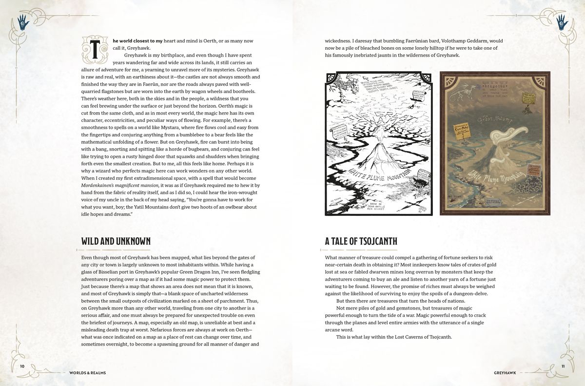 The first two pages in the Greyhawk section of the Worlds & Realms book, which features an introduction, a section titled “WILD AND UNKNOWN,” and a section titled “A TALE OF TSOJCANTH. The right page also includes two versions of art for White Plum Mountain, one a black-and-white line drawing, and the other in full painted color.