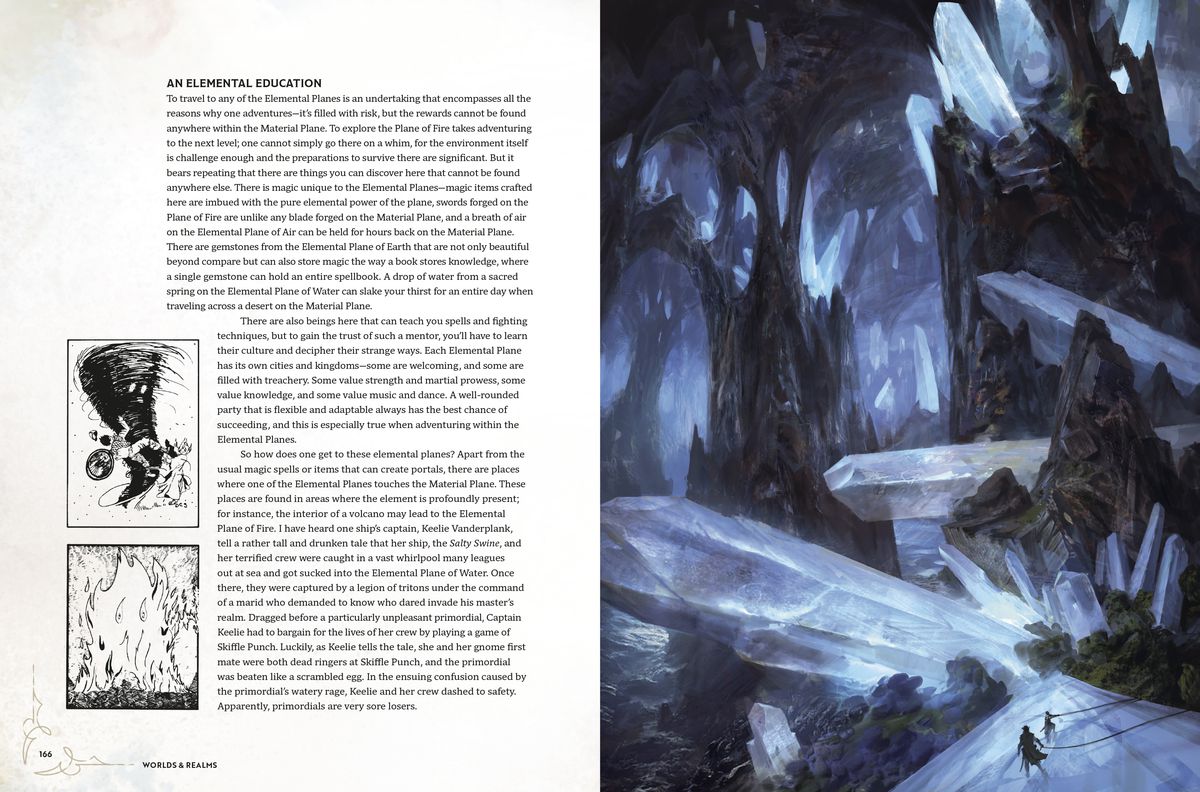 A two-page spread from the Worlds & Realms book featuring text on the left page about “An Elemental Education” with the right page shows a blue crystalline and stone cavern.