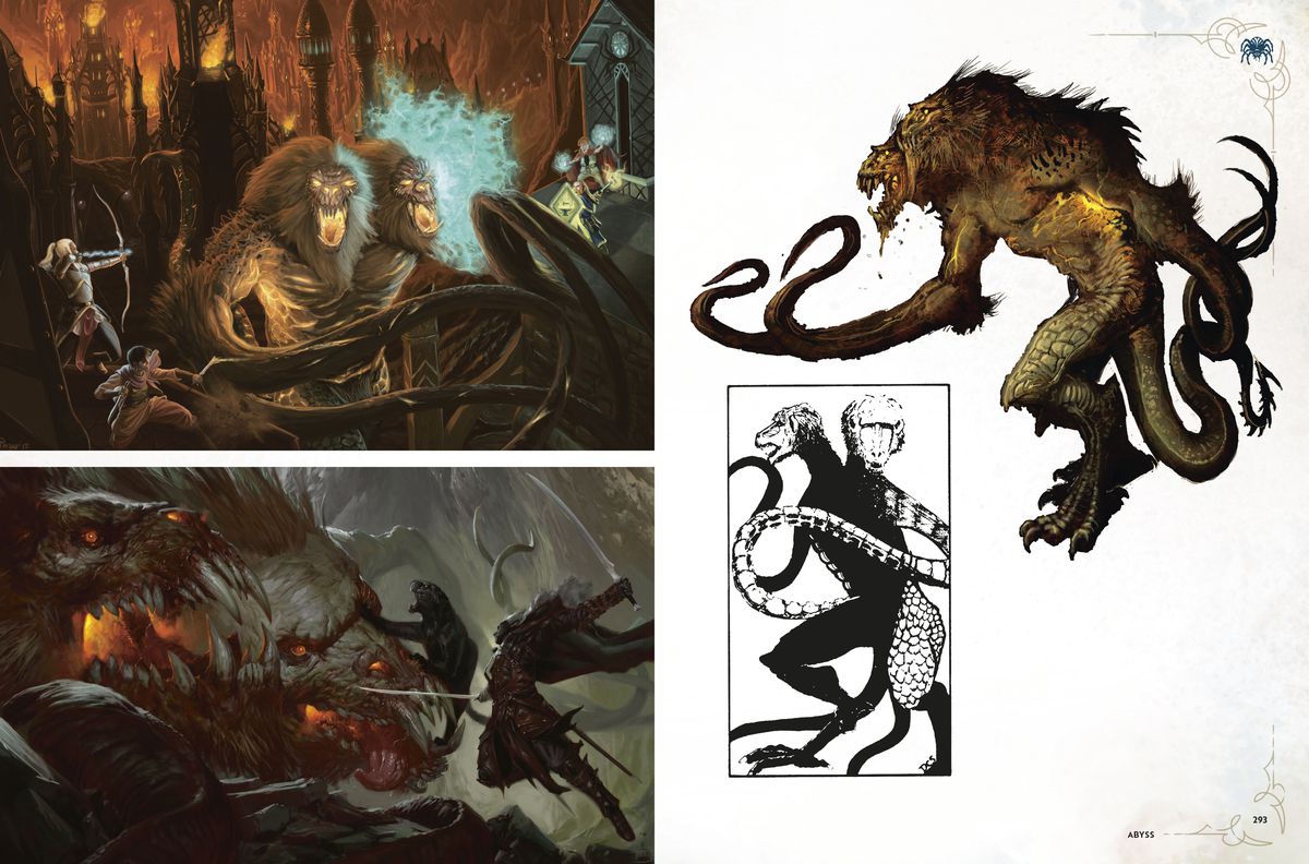 A two-page spread from the Worlds & Realms book. The left page shows two images. On top are two people fighting a two-headed monster. The bottom image is a person and a panther fighting a very large clawed beast. The right page shows a black and white and full-color version of the two-headed monster.