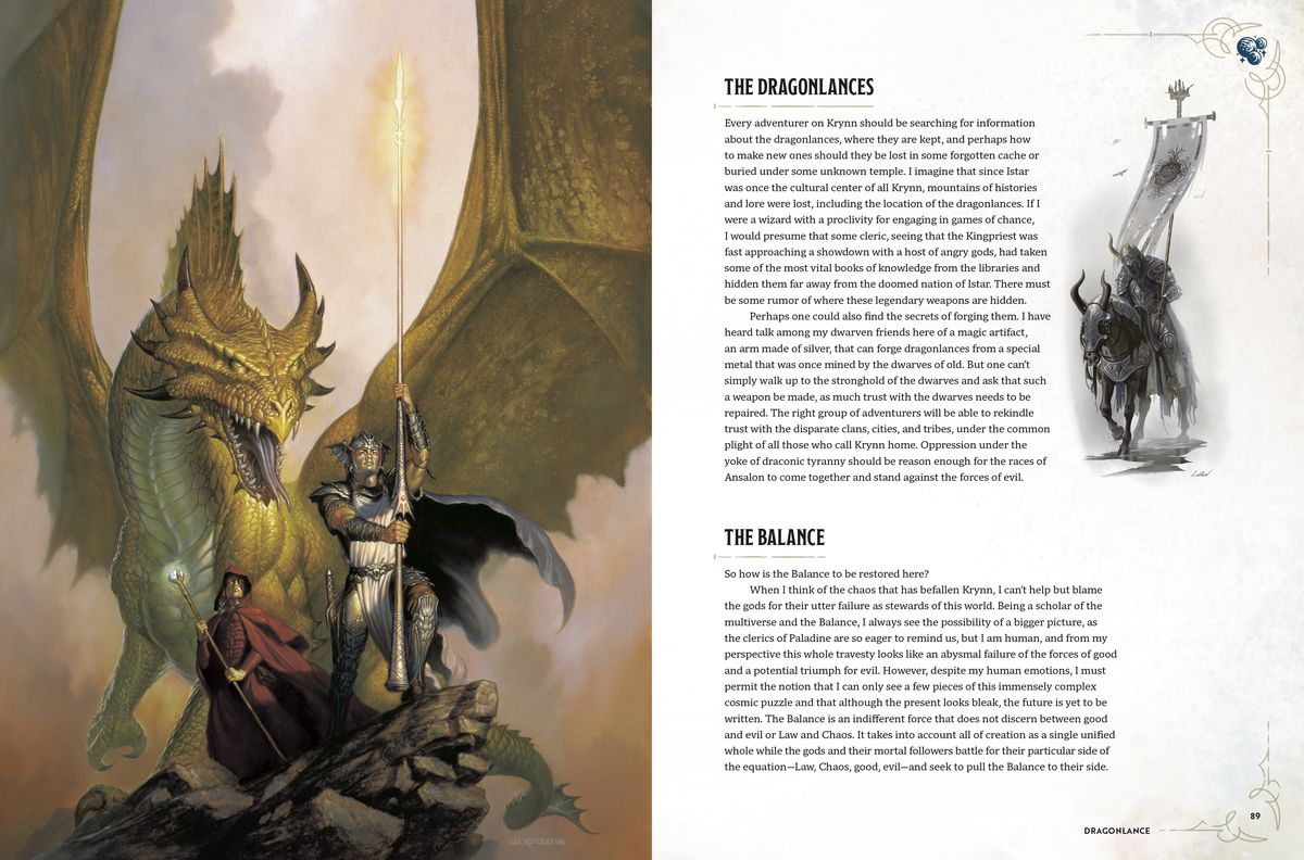 A two-page spread from the Worlds & Realms book. On the left page, it’s an image of a warrior holding a dragonlance next to a red cloaked figure holding a staff. Behind them is a golden dragon. On the right page, the text is broken up into two sections, titled “THE DRAGONLANCES” and “THE BALANCE.”