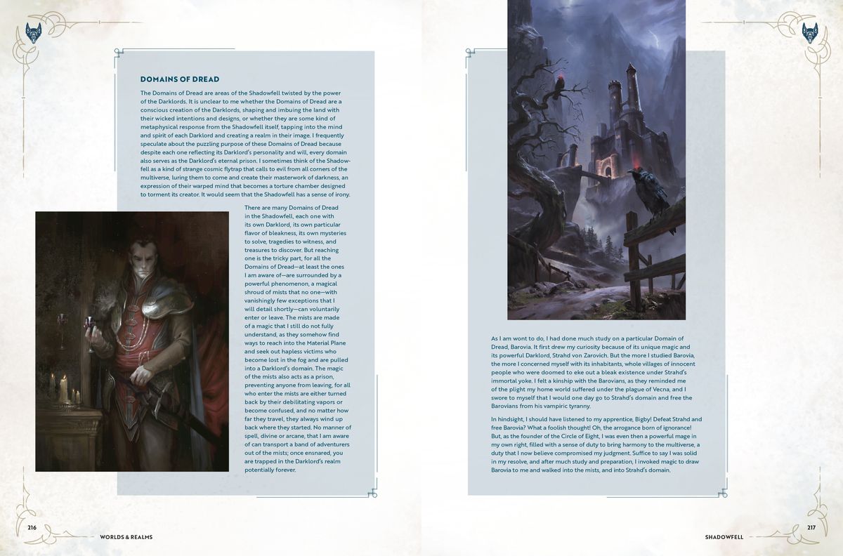 A two-page spread from the Worlds & Realms book about the Domains of Dread. There’s text on both pages in blue boxes. The left page features an image of a Darklord while the right shows a castle in Barovia.