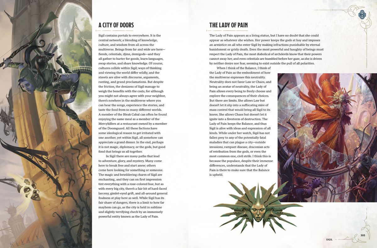 A two-page spread of the Worlds & Realms book. The left page has text in a section titled “A CITY OF DOORS” and an image of a ranger falling through a door into open air. The right page has text in a section titled “THE LADY OF PAIN” with an image of the character (a tall, gaunt woman in red robes) behind a shattered window.