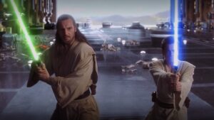 Qui-Gon Jinn and Obi-Wan Kenobi with their lightsabers drawn to fight Darth Maul inn The Phantom Menace