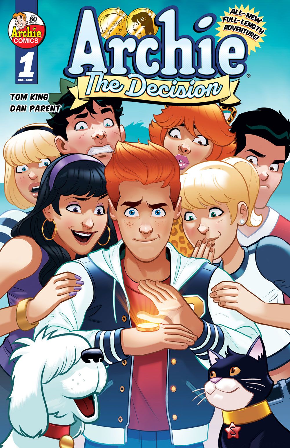 A cover of Archie: The Decision that has Archie’s friends standing around him while he waits to flip a coin