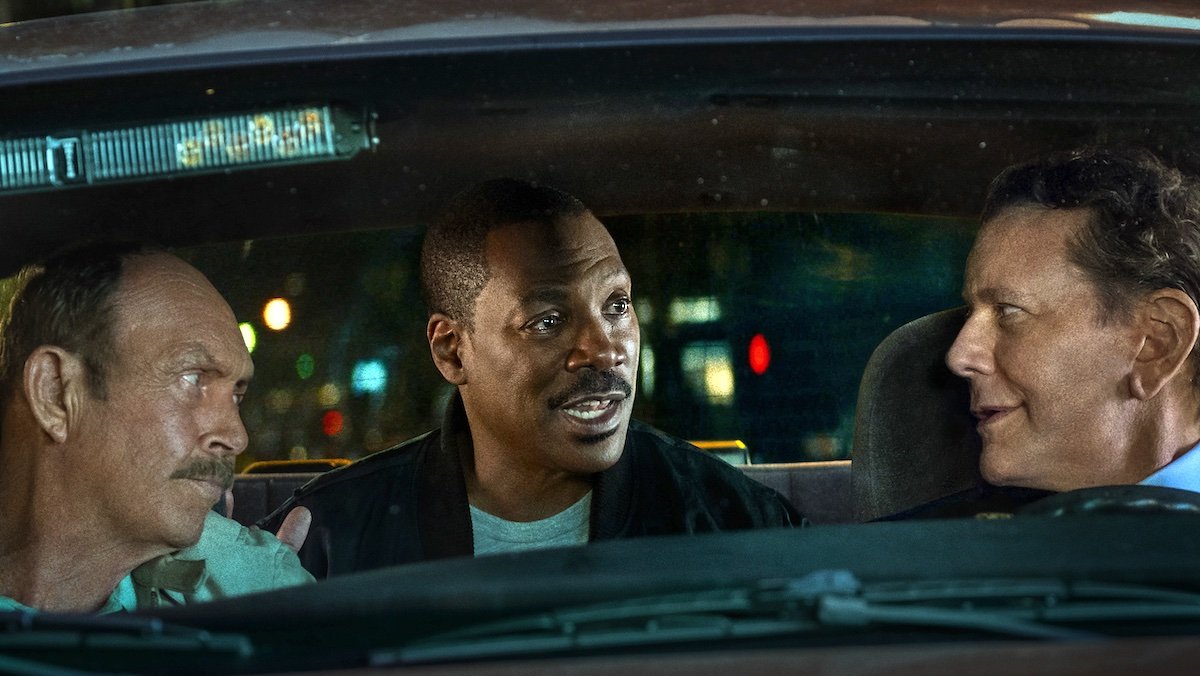 Inside a car xel F (L to R) John Ashton as Chief John Taggart, Eddie Murphy as Axel Foley and Judge Reinhold as Billy Rosewood in Beverly Hills Cop: Axel F
