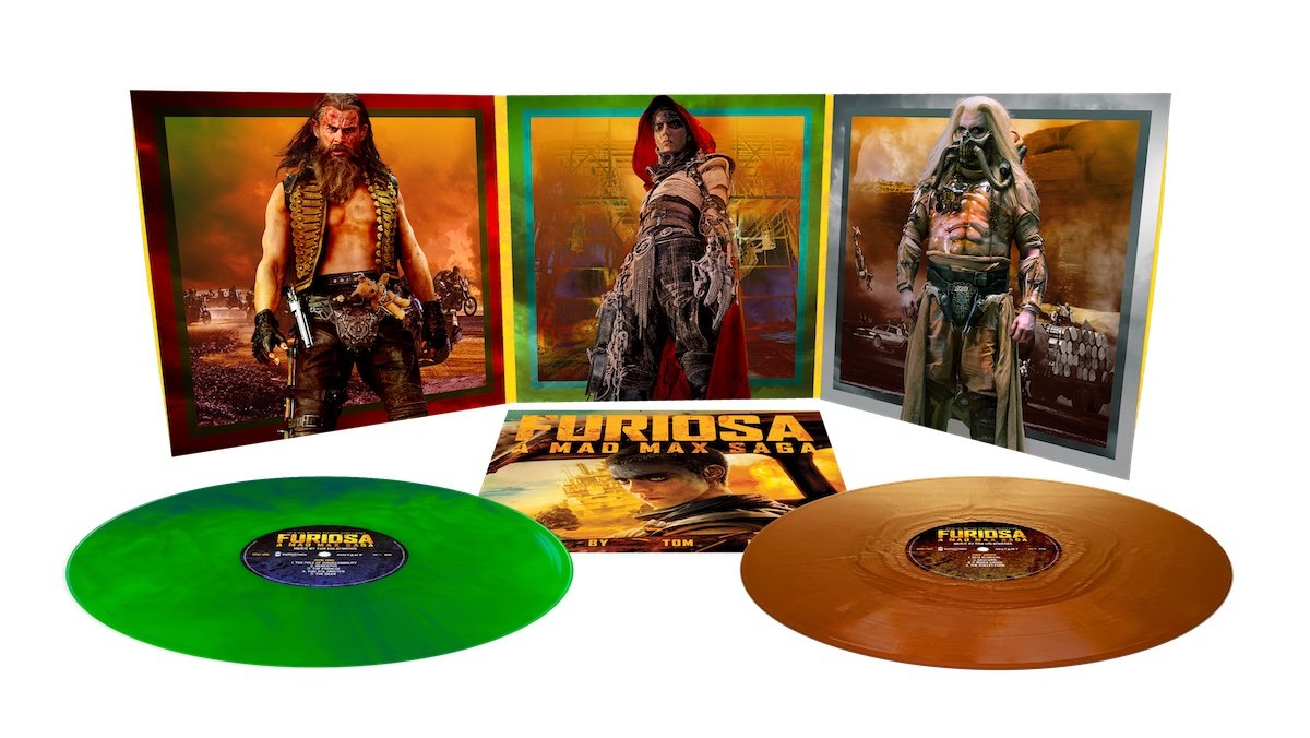 A tri-fold album jacket open to show major characters for Furiosa all in front of a green vinyl album and a brown vinyl album