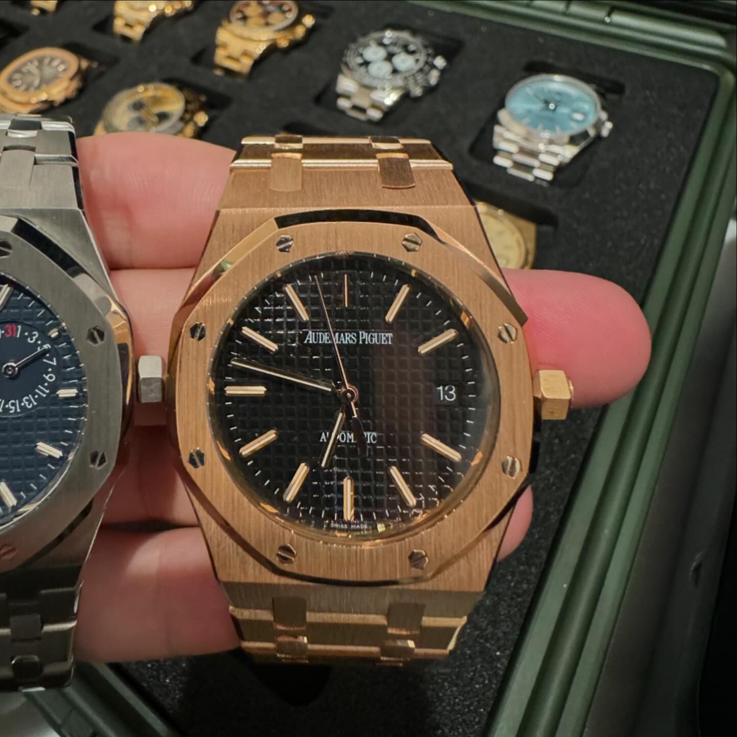 One photo featured an up-close look at the Audemars Piguet Royal Oak watch, worth close to 100,000