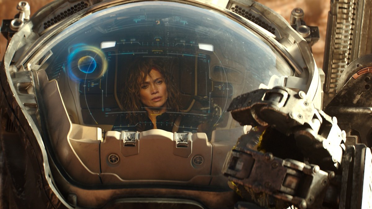 Jennifer Lopez sitting inside an advanced mech suit in Atlas