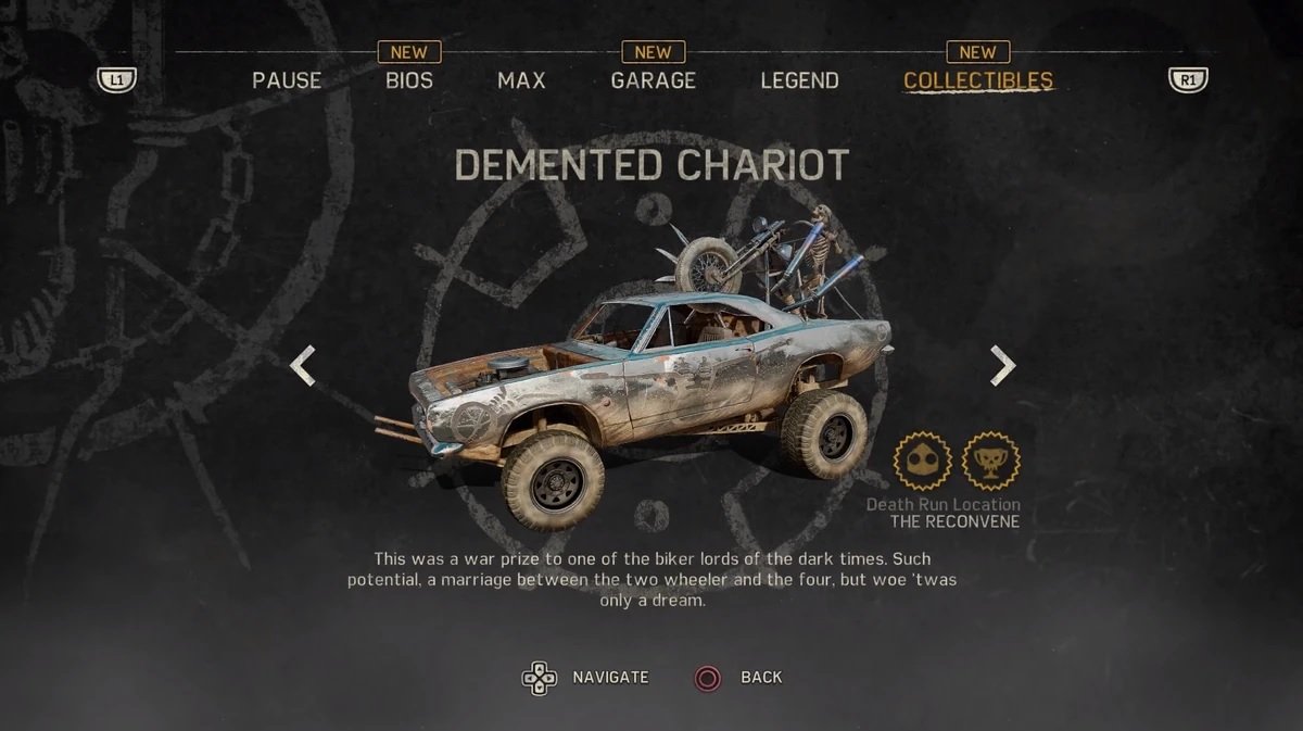 The Demented Chariot, aka a car with a motorcycle attached to the back, from Mad Max (2015).