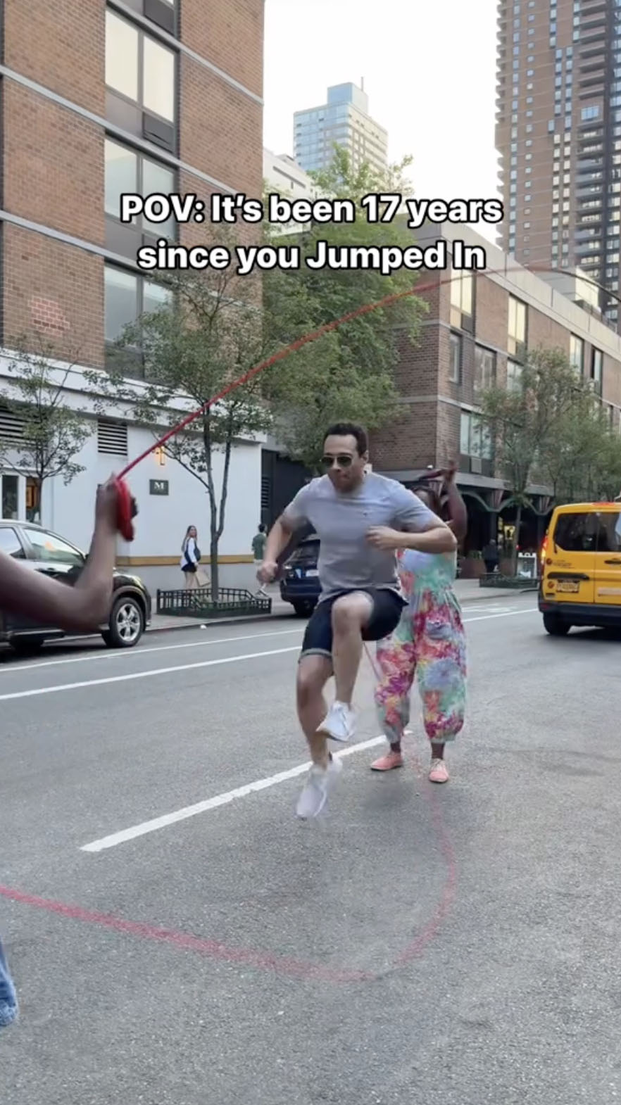 In the video, the actor was shown jump roping double dutch in an NYC neighborhood